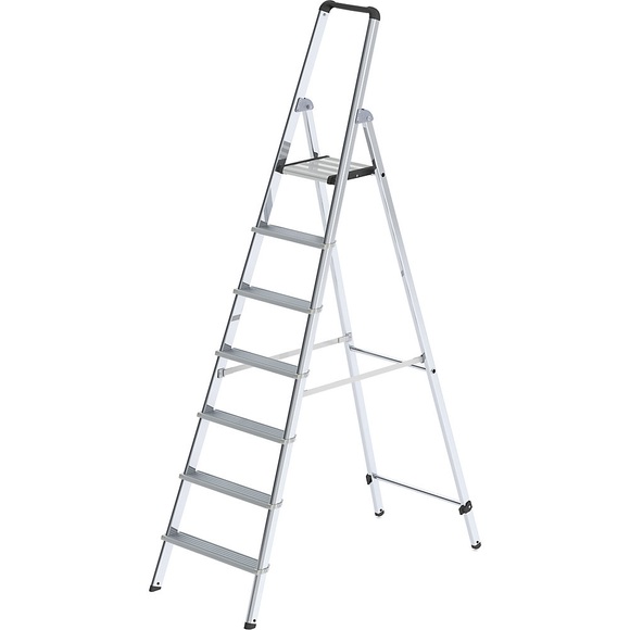 Guenzburger Alu-Stufenstehleiter, einseitig begehbar mit ergonomisch geformtem Holm und Ablageschale 7 Stufen