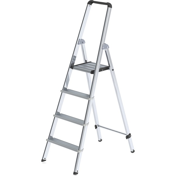 Guenzburger Alu-Stufenstehleiter, einseitig begehbar mit ergonomisch geformtem Holm und Ablageschale 4 Stufen