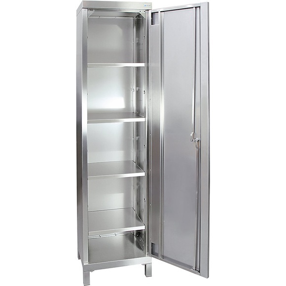 Edelstahl-Flügeltürschrank mit Vollblechtüren und Vierkant-Sockelfüßen HxBxT 1900 x 450 x 400 mm