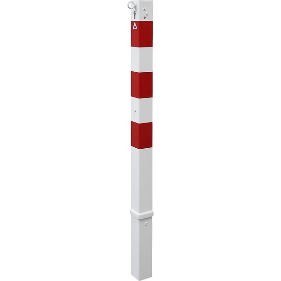 Absperrpfosten, 70 x 70 mm, weiß / rot herausnehmbar mit Profilzylinder mit 1 Öse