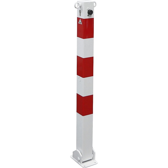 Absperrpfosten, 70 x 70 mm, weiß / rot klappbar mit Profilzylinder mit 2 Ösen