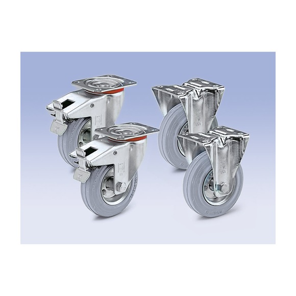 Wicke Vollgummi-Reifen, Set-Angebot 2 x Lenkrolle mit Doppelstopp und 2 x Bockrolle Rad-Ø x Breite 80 x 25 mm