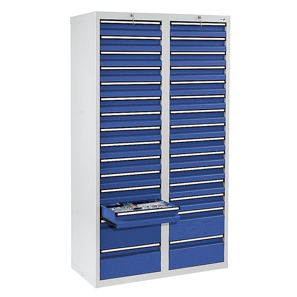 Schubladenschrank HxBxT 1800 x 1000 x 500 mm, 26 Schubladen 100 mm, 4 Schubladen 200 mm hoch Korpus grau, Schubladen enzianblau
