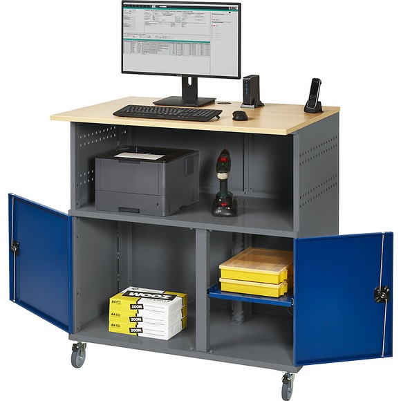 RAU PC-Tisch mit Mitteltrennwand, mit Fahrsatz anthrazit-metallic / enzianblau RAL 5010