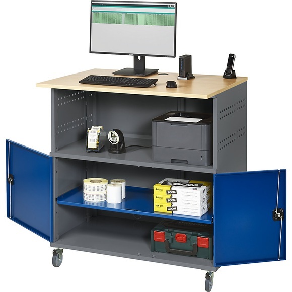 RAU PC-Tisch mit durchgehendem Fachboden, mit Fahrsatz anthrazit-metallic / enzianblau RAL 5010