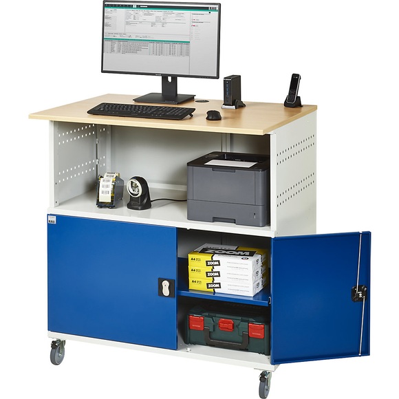 RAU PC-Tisch mit durchgehendem Fachboden, mit Fahrsatz lichtgrau RAL 7035 / enzianblau RAL 5010