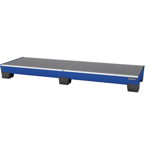 EUROKRAFT Stahl-Auffangwanne mit PP-Füßen LxBxH 2470 x 815 x 255 mm blau, mit Gitterrost