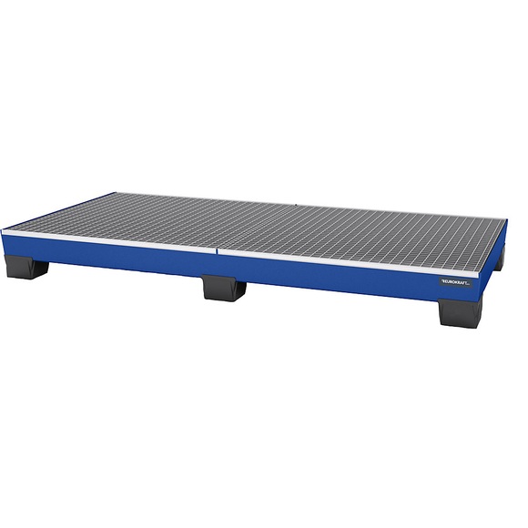 EUROKRAFT Stahl-Auffangwanne mit PP-Füßen LxBxH 2460 x 1210 x 260 mm blau, mit Gitterrost