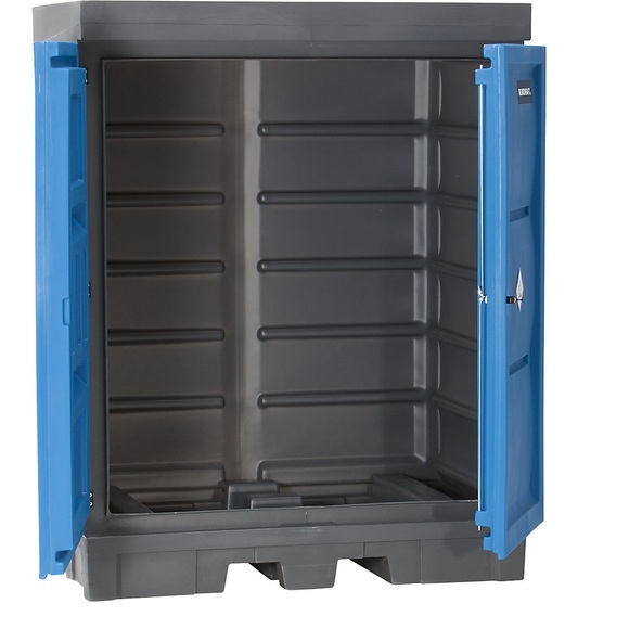 EUROKRAFT PE-Gefahrstoffdepot mit Türen Auffangvolumen 250 l, für Fässer Außen-HxBxT 1980 x 1560 x 1080 mm
