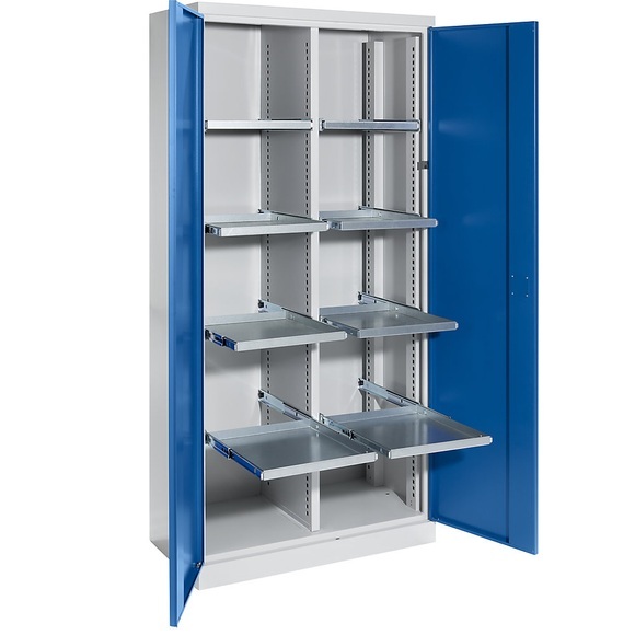 QUIPO Materialschrank Breite 950 mm, 8 Ausziehböden, 1 Mitteltrennwand Tür enzianblau