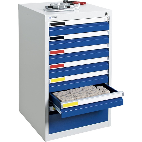 Schubladenschrank Breite 500 mm, 7 Schubladen lichtgrau / enzianblau