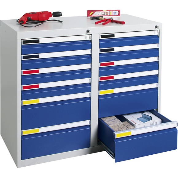 Schubladenschrank Breite 1000 mm, 12 Schubladen lichtgrau / enzianblau