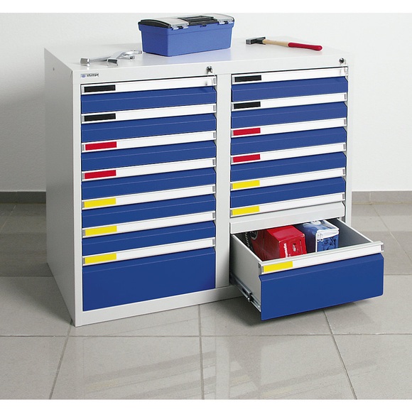 Schubladenschrank Breite 1000 mm, 14 Schubladen lichtgrau / enzianblau