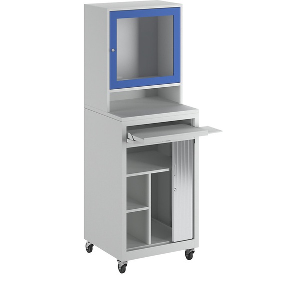 QUIPO Computer-Rollladenschrank für Bildschirm bis 20'', fahrbar lichtgrau/enzianblau