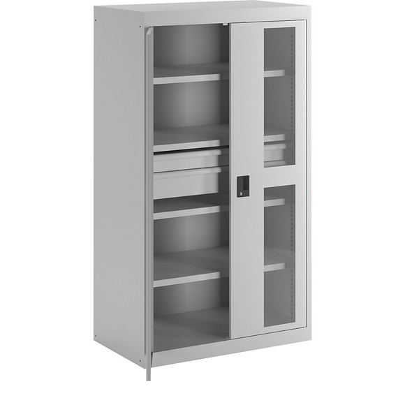 Lista Schwerlastschrank 3 Fachböden, 2 Schubladen mit Sichtfenstertüren lichtgrau