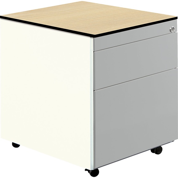 mauser Schubladencontainer mit Rollen HxT 573 x 600 mm, 1 Materialschub, 1 Hängeregistratur reinweiß / weißaluminium / Ahorn