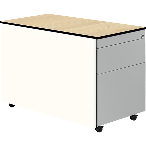 mauser Schubladencontainer mit Rollen HxT 573 x 800 mm, 1 Materialschub, 1 Hängeregistratur reinweiß / weißaluminium / Ahorn