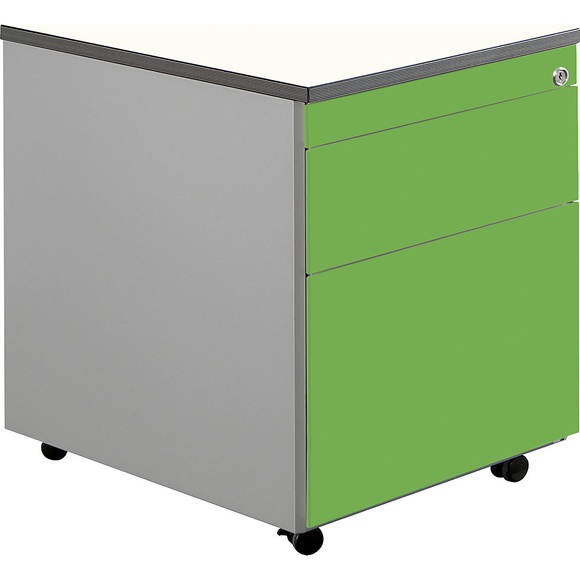 mauser Schubladencontainer mit Rollen HxT 579 x 600 mm, 1 Materialschub, 1 Hängeregistratur weißaluminium / gelbgrün / weiß