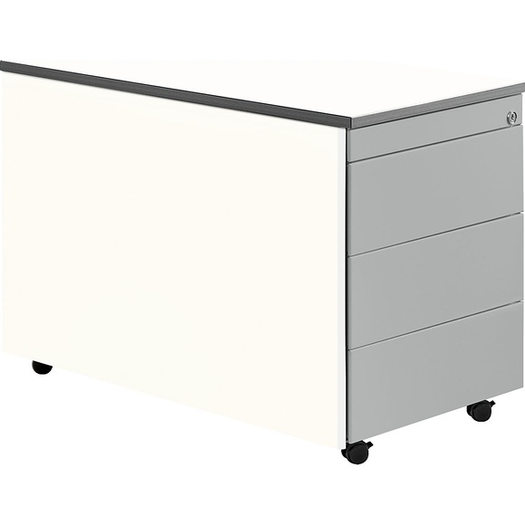 mauser Schubladencontainer mit Rollen HxT 579 x 800 mm, Kunststoffplatte, 1 Materialschub, 1 Hängeregistratur reinweiß / weißaluminium / weiß