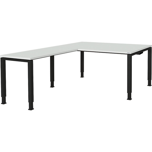mauser Schreibtisch, verkettet, Fußform Quadrat-/Rechteckrohr HxBxT 650 - 850 x 1600 x 900 mm, Winkelansatz links (Breite 1000 mm) Platte lichtgrau, Gestell