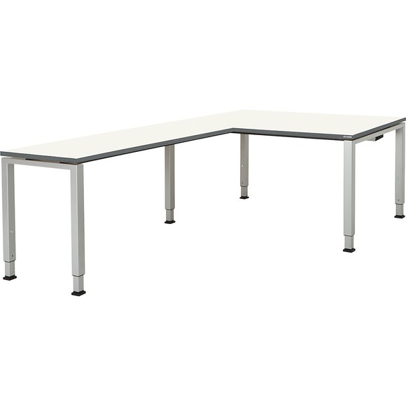 mauser Schreibtisch, verkettet, Fußform Quadrat-/Rechteckrohr HxBxT 650 - 850 x 1600 x 900 mm, Winkelansatz links (Breite 1200 mm) Platte weiß, Gestell