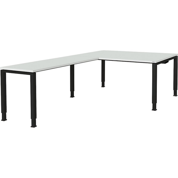 mauser Schreibtisch, verkettet, Fußform Quadrat-/Rechteckrohr HxBxT 650 - 850 x 1600 x 900 mm, Winkelansatz links (Breite 1200 mm) Platte lichtgrau, Gestell