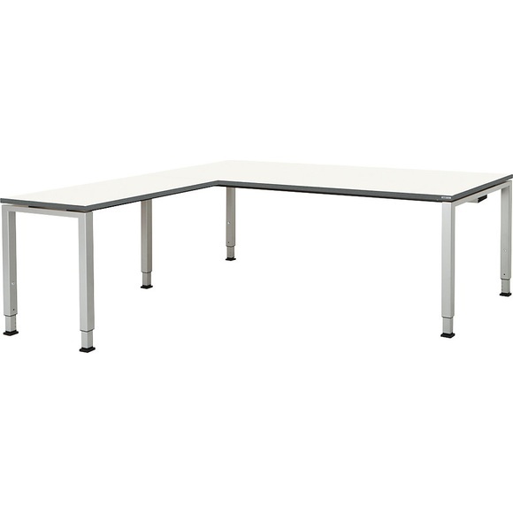 mauser Schreibtisch, verkettet, Fußform Quadrat-/Rechteckrohr HxBxT 650 - 850 x 2000 x 900 mm, Winkelansatz links (Breite 1000 mm) Platte weiß, Gestell