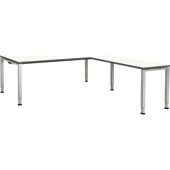 mauser Schreibtisch, verkettet, Fußform Quadrat-/Rechteckrohr HxBxT 650 - 850 x 2000 x 900 mm, Winkelansatz rechts (Breite 1200 mm) Platte weiß, Gestell