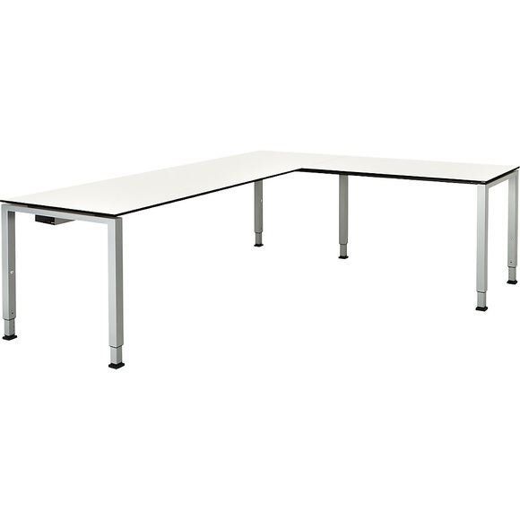 mauser Schreibtisch, verkettet, Fußform Quadrat-/Rechteckrohr HxBxT 650 - 850 x 2000 x 800 mm, Vollkernplatte, Winkelansatz rechts Platte weiß, Gestell