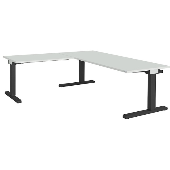mauser Schreibtisch, verkettet BxT 1800 x 800 mm, Winkelansatz links (Breite 1000 mm) Platte lichtgrau, Gestell anthrazitgrau