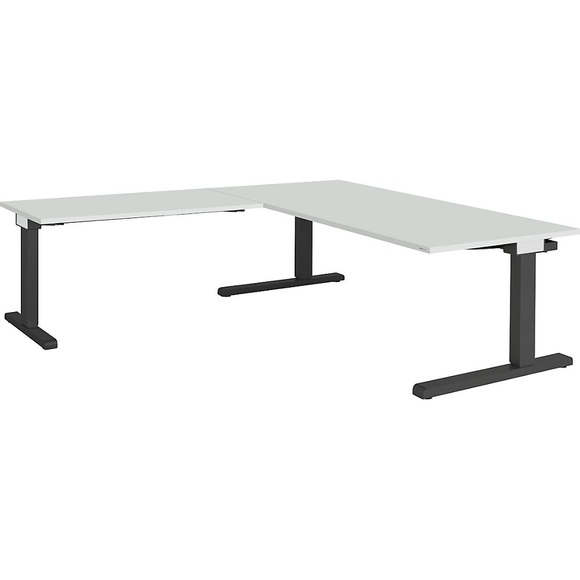 mauser Schreibtisch, verkettet BxT 1800 x 900 mm, Winkelansatz links (Breite 1200 mm) Platte lichtgrau, Gestell anthrazitgrau