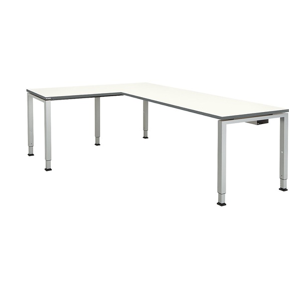 mauser Schreibtisch, verkettet, Fußform Quadrat-/Rechteckrohr HxBxT 650 - 850 x 2000 x 800 mm, Winkelansatz links (Breite 1000 mm) Platte weiß, Gestell