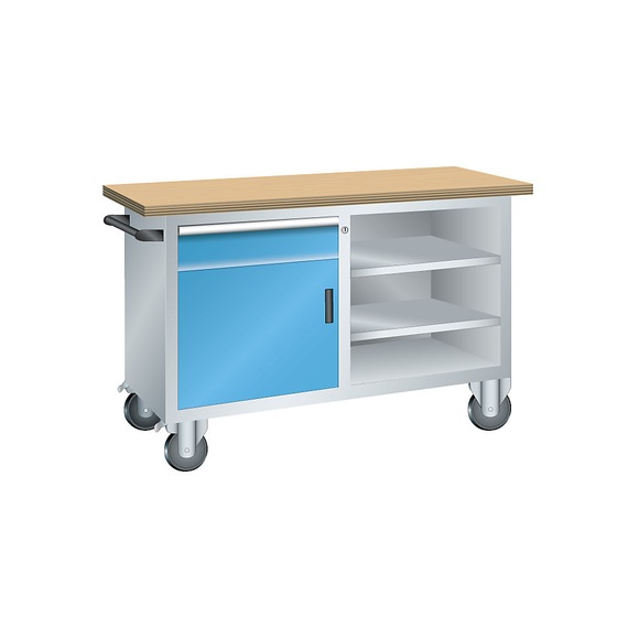 Lista Systemwerkbank, fahrbar 1 Schublade, 1 Tür, 3 Fachböden Korpus lichtgrau, Front lichtblau