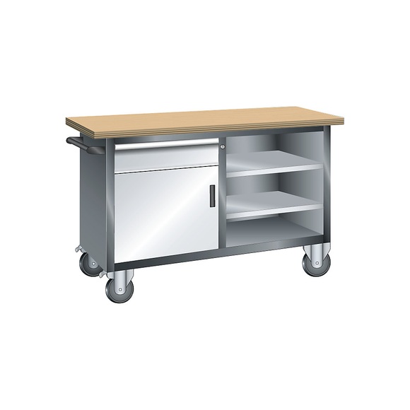 Lista Systemwerkbank, fahrbar 1 Schublade, 1 Tür, 3 Fachböden Korpus grau metallic, Front lichtgrau