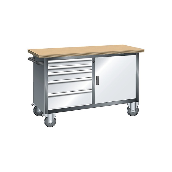 Lista Systemwerkbank, fahrbar 5 Schubladen, 1 Tür, 1 Fachboden Korpus grau metallic, Front lichtgrau