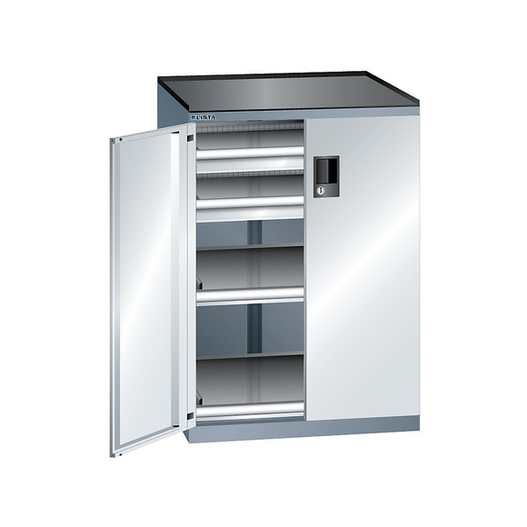 Lista Schubladenschrank mit Flügeltüren Höhe 1020 mm, 2 Böden, 2 Schubladen, Traglast 75 kg grau metallic / lichtgrau
