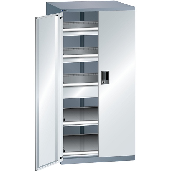 Lista Schubladenschrank mit Flügeltüren Höhe 1450 mm, 2 Böden, 3 Schubladen, Traglast 200 kg grau metallic / lichtgrau