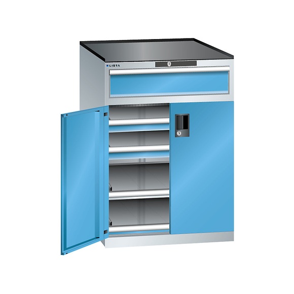 Lista Schubladenschrank mit Flügeltüren Höhe 1020 mm, 2 Böden, 3 Schubladen, Traglast 200 kg lichtgrau / lichtblau