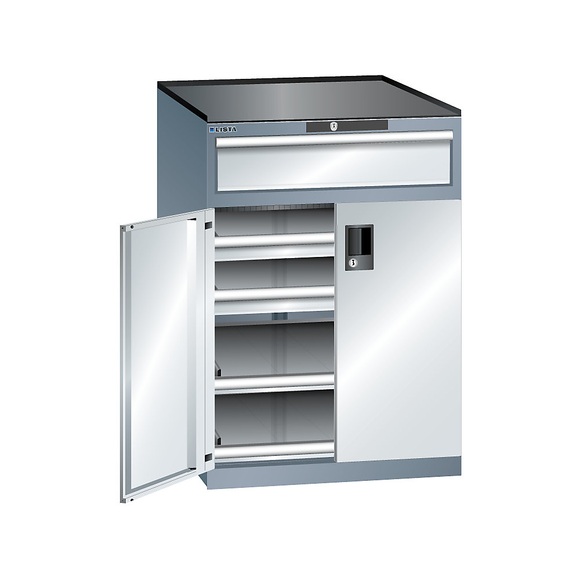 Lista Schubladenschrank mit Flügeltüren Höhe 1020 mm, 2 Böden, 3 Schubladen, Traglast 200 kg grau metallic / lichtgrau