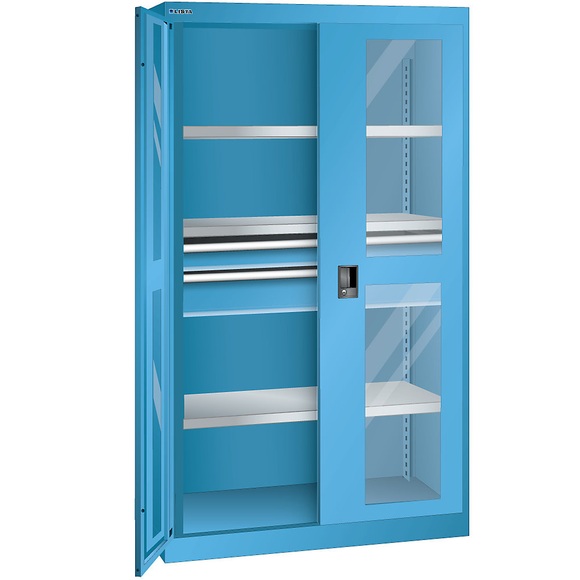 Lista Schwerlastschrank 3 Fachböden, 2 Schubladen mit Sichtfenstertüren lichtblau
