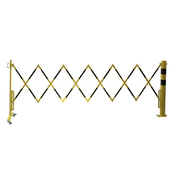 Sperrpfosten mit Scherengitter Vierkantrohr 70 x 70 mm, zum Aufdübeln gelb / schwarz, Länge max. 3600 mm