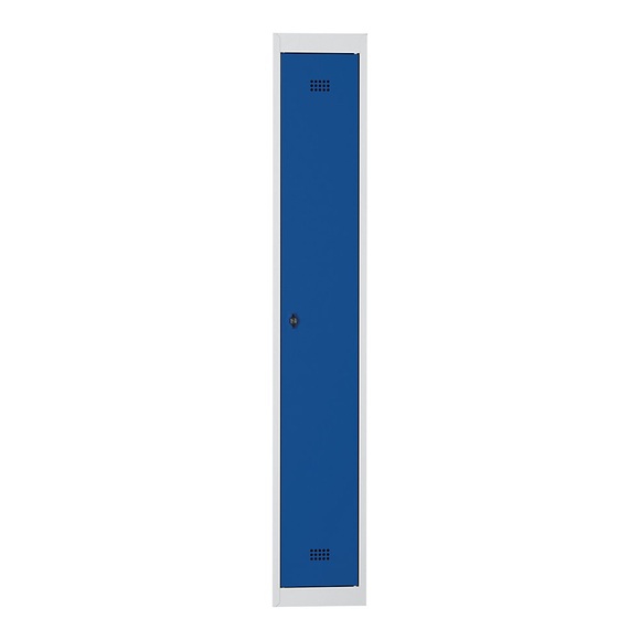 Wolf Stahlspind, zerlegt 1 Abteil, Höhe 1700 mm, Breite 300 mm, 1 Hutboden, 1 Kleiderstange Anbauelement, lichtgrau / enzianblau