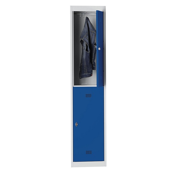 Wolf Stahlspind, zerlegt 2 Abteile, Höhe 840 mm, Breite 400 mm, 1 Kleiderstange Anbauelement, lichtgrau / enzianblau