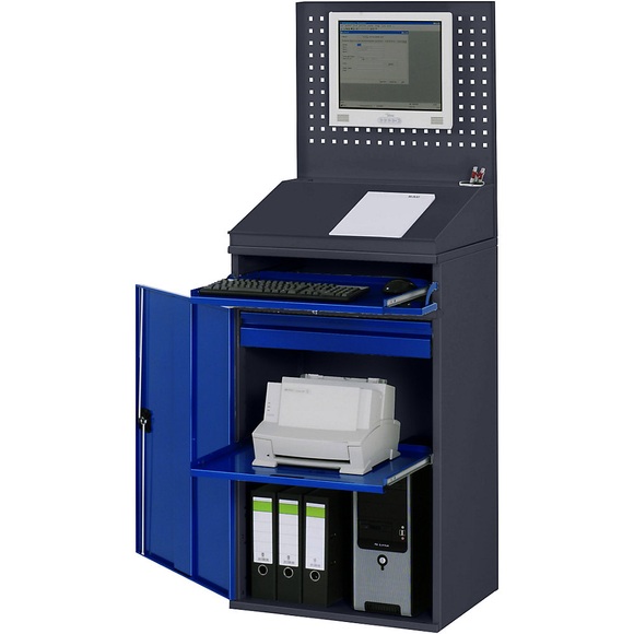RAU Computer-Arbeitsstation Lochwand, Schreibpult, Ausziehboden, Schublade Breite 650 mm, anthrazit / enzianblau