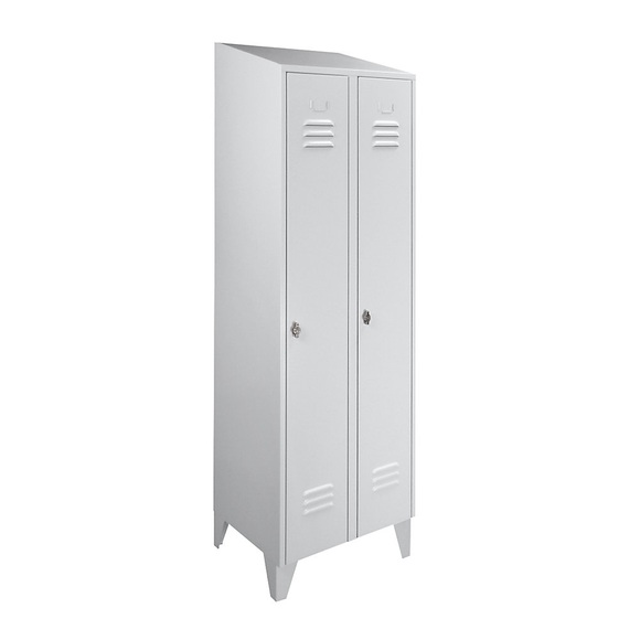 Wolf Stahlschrank mit Schrägdach, Abteile schrankhoch Gesamtbreite 600 mm, 2 Abteile lichtgrau RAL 7035