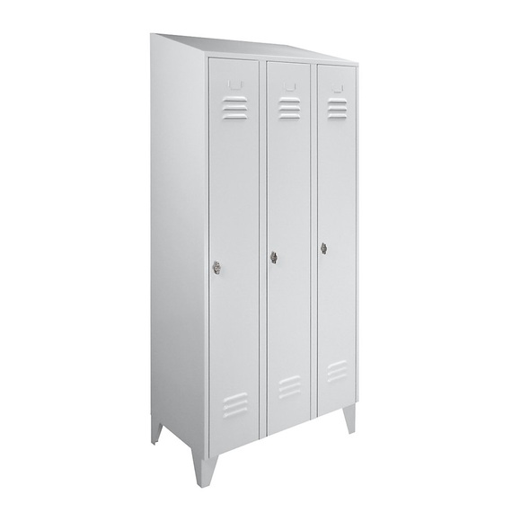 Wolf Stahlschrank mit Schrägdach, Abteile schrankhoch Gesamtbreite 900 mm, 3 Abteile lichtgrau RAL 7035