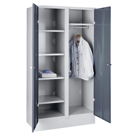 Wolf Stahlschrank Lagerschrank breit, mit Sockel Türen blaugrau RAL 7031, Korpus lichtgrau RAL 7035