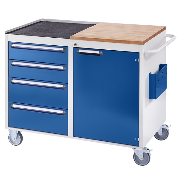 RAU Werkbank, fahrbar 4 Schubladen, 1 Tür, Arbeitsfläche Holz / Metall lichtgrau / enzianblau