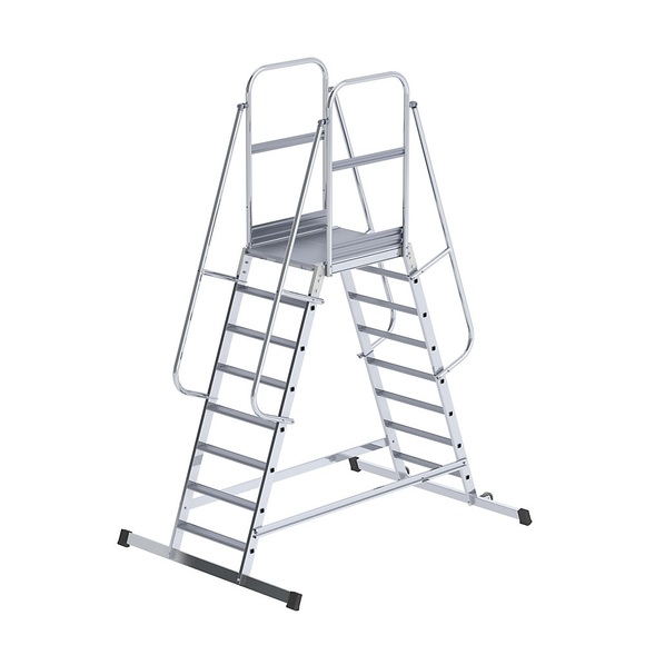 EUROKRAFT Alu-Podestleiter beidseitig begehbar, fahrbar 2 x 8 Stufen
