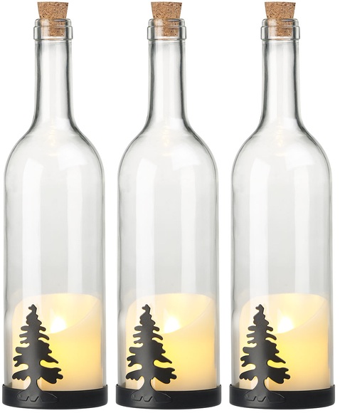 Lunartec 3er-Set Deko-Glasflasche, LED-Kerze & bewegliche Flamme, Tannen-Motiv